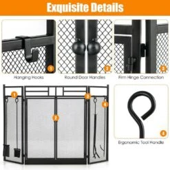 Black Wrought Iron 3-Panel Fireplace Screen With Doors And 4-Pieces Tools Set -Fire Place Store sunrinx fireplace screens mg54 23 hdhl 1d 1000