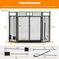 Black Wrought Iron 3-Panel Fireplace Screen With Doors And 4-Pieces Tools Set -Fire Place Store sunrinx fireplace screens mg54 23 hdhl 1f 1000