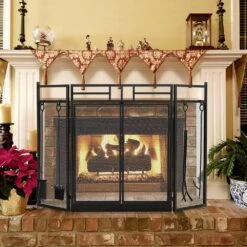 Black Wrought Iron 3-Panel Fireplace Screen With Doors And 4-Pieces Tools Set -Fire Place Store sunrinx fireplace screens mg54 23 hdhl 4f 1000