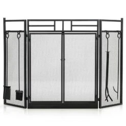 Black Wrought Iron 3-Panel Fireplace Screen With Doors And 4-Pieces Tools Set