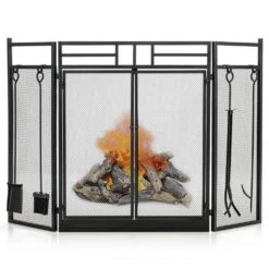 Black Wrought Iron 3-Panel Fireplace Screen With Doors And 4-Pieces Tools Set -Fire Place Store sunrinx fireplace screens mg54 23 hdhl c3 1000