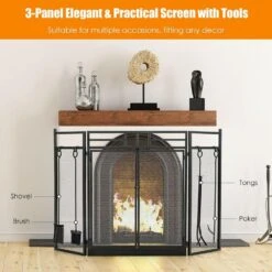 Black Wrought Iron 3-Panel Fireplace Screen With Doors And 4-Pieces Tools Set -Fire Place Store sunrinx fireplace screens mg54 23 hdhl fa 1000