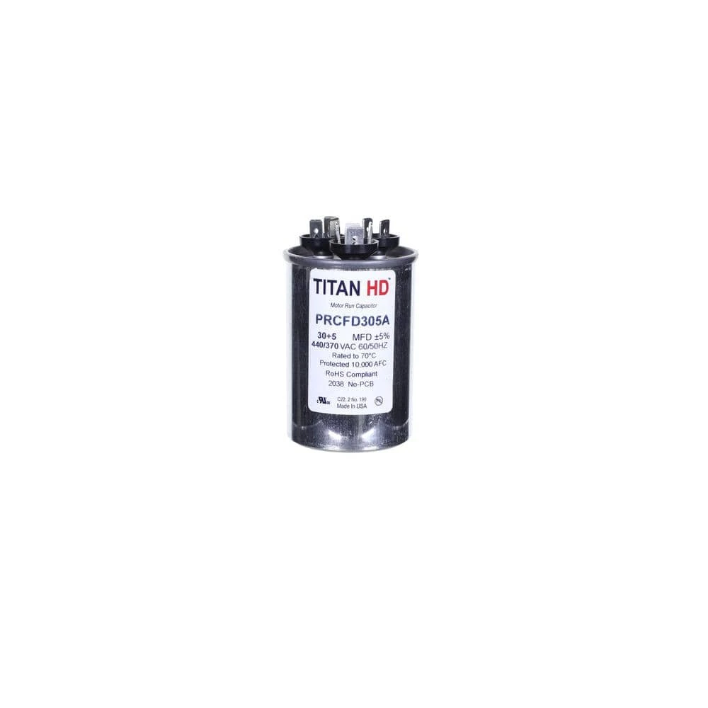 30 Plus 5 MFD, 440-Volt/370-Volt Dual Voltage Round Run Capacitor 1 30 Plus 5 MFD, 440-Volt/370-Volt Dual Voltage Round Run Capacitor