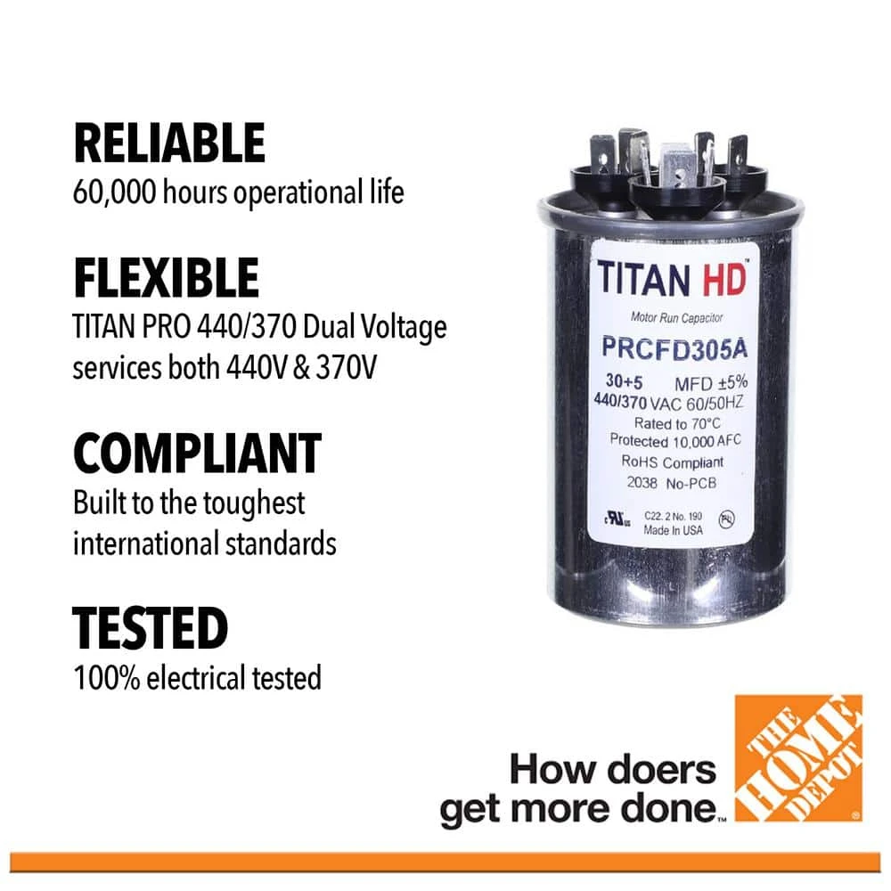 30 Plus 5 MFD, 440-Volt/370-Volt Dual Voltage Round Run Capacitor 2 30 Plus 5 MFD, 440-Volt/370-Volt Dual Voltage Round Run Capacitor - Image 2