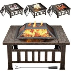 32 In. Outdoor Metal Brown Fire Pit With Cover And Poker -Fire Place Store tozey outdoor fireplaces t fp21sq32bna 4f 1000