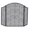Black Wrought Iron 52 In. W 3-Panel Fireplace Screen With Decorative Scroll And Heavy Guage Mesh