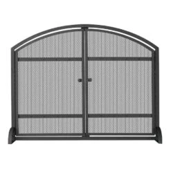 Black Wrought Iron 39 In. W 1-Panel Arch Top Fireplace Screen With Doors And Heavy Guage Mesh