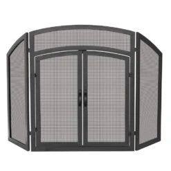 Black Wrought Iron 52 In. W 3-Panel Fireplace Screen With Doors And Arch Top Design