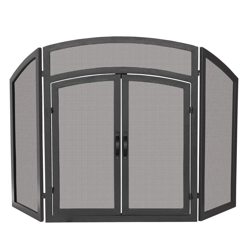 Black Wrought Iron 52 In. W 3-Panel Fireplace Screen With Doors And Arch Top Design 1 Black Wrought Iron 52 In. W 3-Panel Fireplace Screen With Doors And Arch Top Design