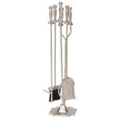 Satin Pewter Finish Steel 5-Piece Fireplace Tool Set With Heavy Weight Construction