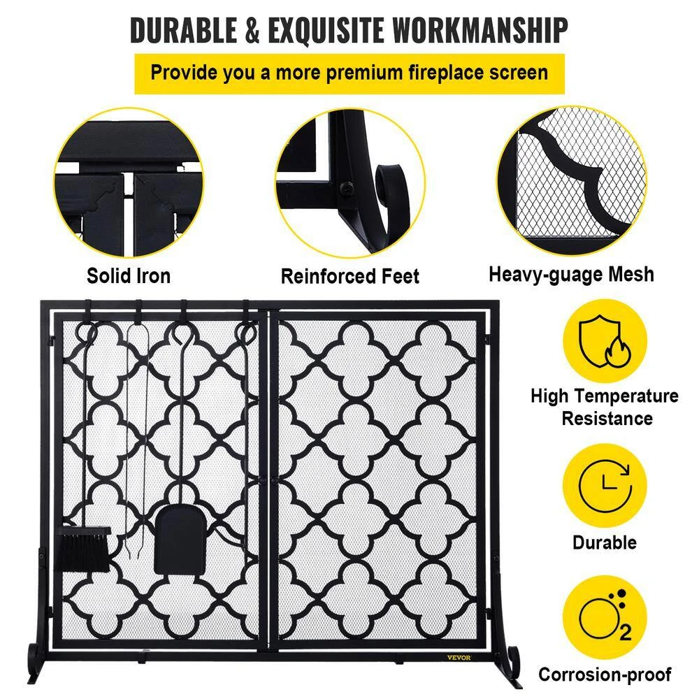 2-Panel Fireplace Screen 39 In. X 31 In. Iron Freestand Spark Guard With Support For Fireplace Decoration Or Protection 3 2-Panel Fireplace Screen 39 In. X 31 In. Iron Freestand Spark Guard With Support For Fireplace Decoration Or Protection - Image 3