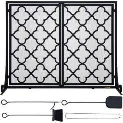 2-Panel Fireplace Screen 39 In. X 31 In. Iron Freestand Spark Guard With Support For Fireplace Decoration Or Protection