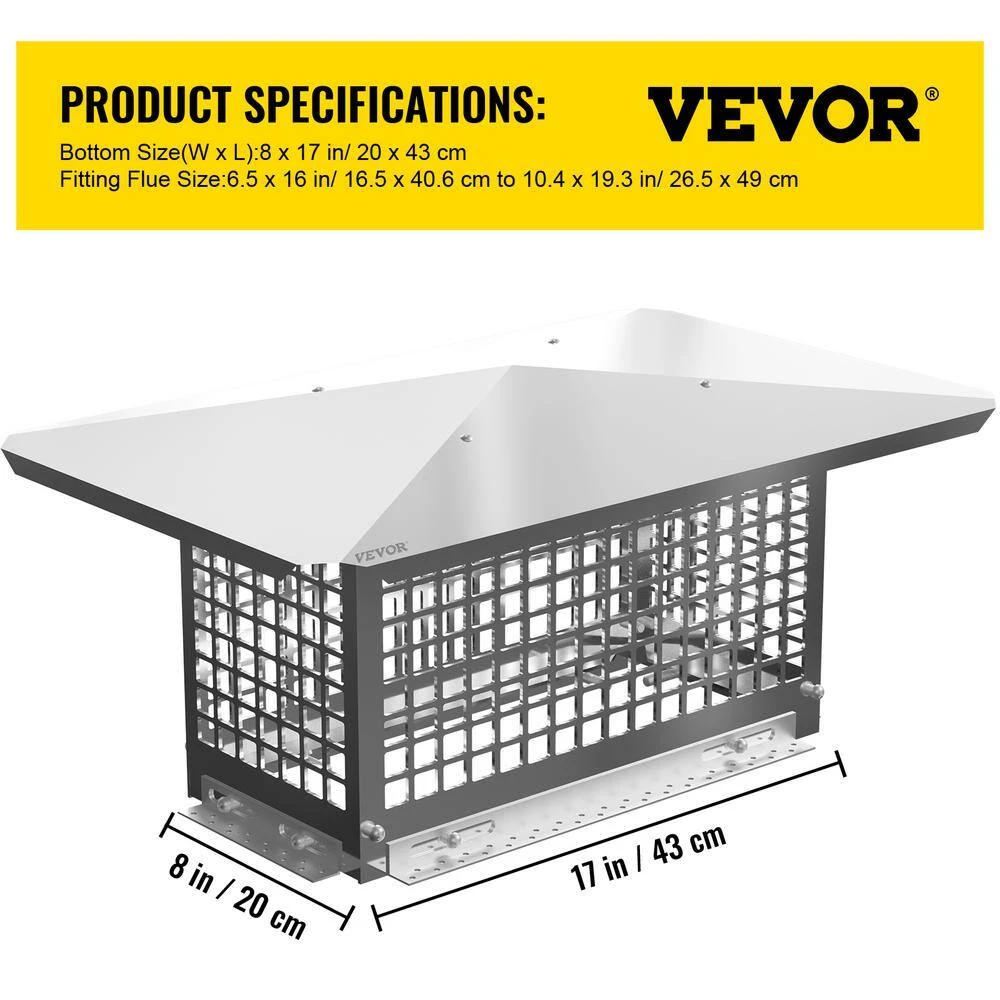 Chimney Cap 8 In. X 17 In. Flue Caps 304 Stainless Steel Fireplace Chimney Cover Chimney Flue Cover 7 Chimney Cap 8 In. X 17 In. Flue Caps 304 Stainless Steel Fireplace Chimney Cover Chimney Flue Cover - Image 7