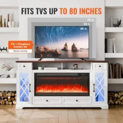 80 In. Fireplace TV Stand, Media Storage Corner With 42in. Fireplace, Storage Drawers And Cabinets, Brown + White -Fire Place Store vevor fireplace tv stands bldsj70cdsj4ovap3v1 fa 1000