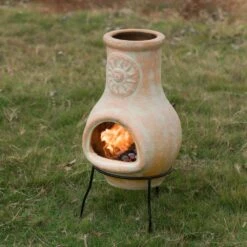 Vintiquewise Outdoor Clay Chiminea Sun Design Charcoal Burning Fire Pit With Metal Stand -Fire Place Store vintiquewise chimineas qi003973 c3 1000