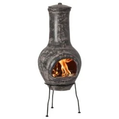 Vintiquewise Outdoor Stoney Grey Clay Chimenea Scribbled Design Fire Pit With Metal Stand