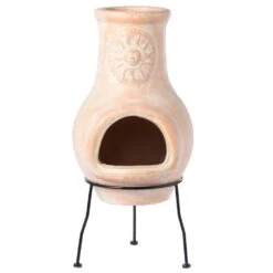 Vintiquewise Beige Clay Chiminea Outdoor Fireplace Sun Design Charcoal Burning Fire Pit With Sturdy Metal Stand, Cozy Nights Fire Pit -Fire Place Store vintiquewise chimineas qi004601 4f 1000