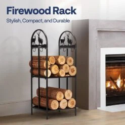 Width 2-Tier 3 Ft. 15.4 In. Indoor/Outdoor Wrought Iron Firewood Rack With Elk Pattern -Fire Place Store vivohome firewood racks vh1499 76 1000