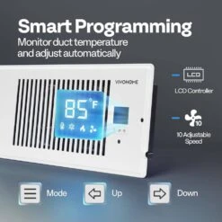 4in. X 12in. 120 CFM Wall Mounted Quiet Smart Register Booster Fan With Thermostat Control In White -Fire Place Store vivohome grow room ventilation vh1651 1f 1000