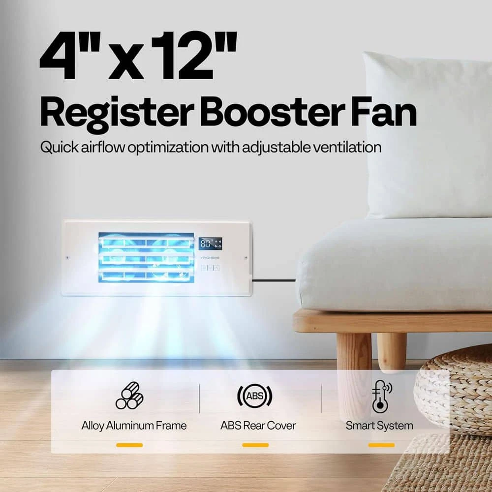 4 In. X 12 In. Opening Smart Register Booster Fan With Adjustable Louver, Thermostat And Remote Control In White 2 4 In. X 12 In. Opening Smart Register Booster Fan With Adjustable Louver, Thermostat And Remote Control In White - Image 2