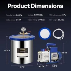 5 Gal. Stainless Steel Vacuum Chamber With 1/4 HP Single Stage Pump And Oil 9 5 Gal. Stainless Steel Vacuum Chamber With 1/4 HP Single Stage Pump And Oil -Fire Place Store vivohome hvac tools vh1365 4f 1000