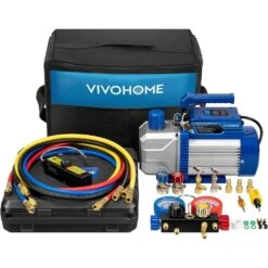 110-Volt 1/2 HP 5CFM 2 Stage HVAC Vacuum Pump And 4 Way AC Manifold Gauge Set Kit With Leak Detector