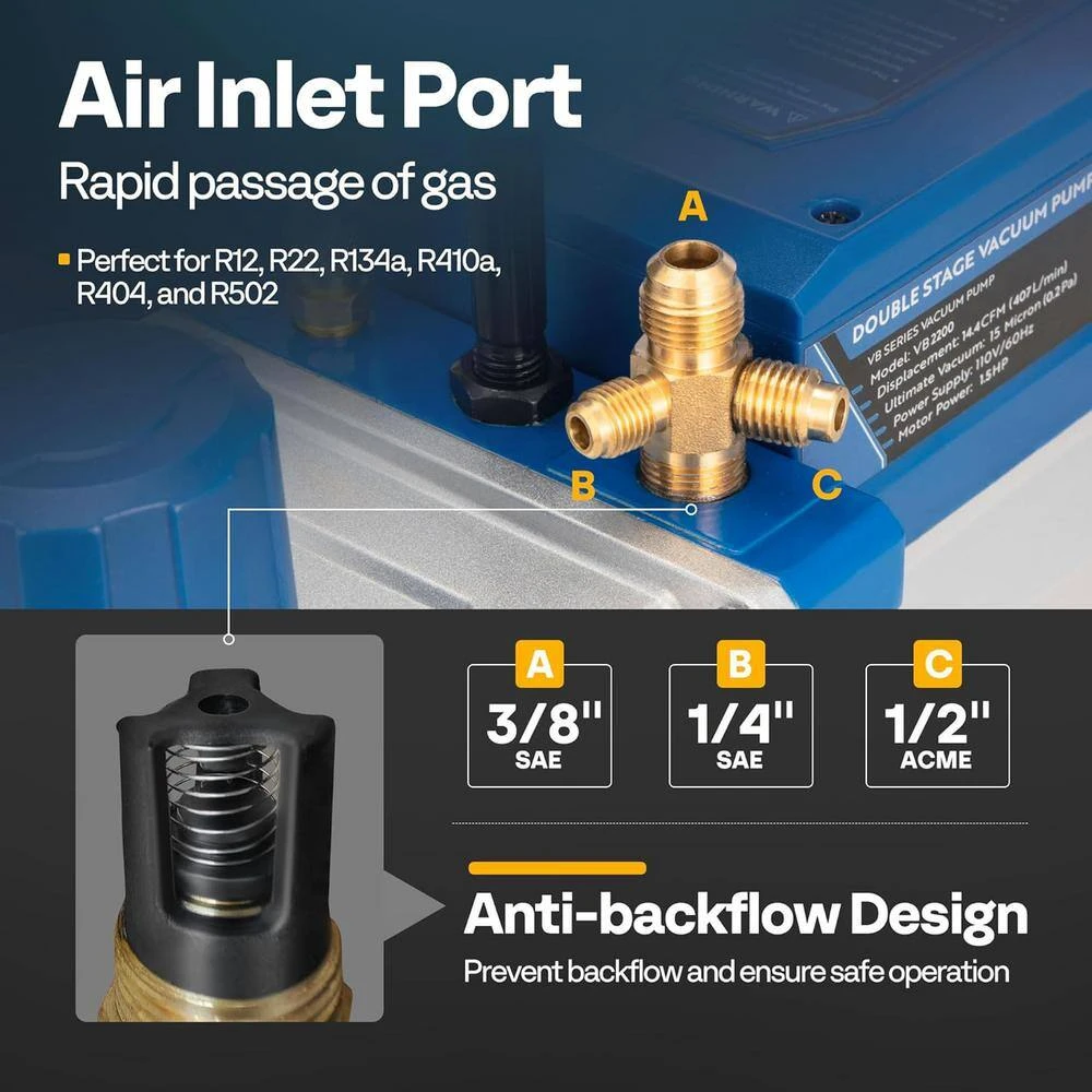 1.5 HP 14.4 CFM 2 Stage HVAC Vacuum Pump And 4 Way AC Manifold Gauge Set Kit With Leak Detector 4 1.5 HP 14.4 CFM 2 Stage HVAC Vacuum Pump And 4 Way AC Manifold Gauge Set Kit With Leak Detector - Image 4