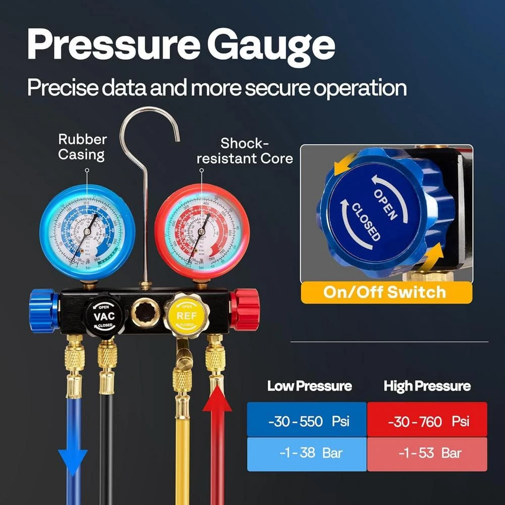 1.5 HP 14.4 CFM 2 Stage HVAC Vacuum Pump And 4 Way AC Manifold Gauge Set Kit With Leak Detector 5 1.5 HP 14.4 CFM 2 Stage HVAC Vacuum Pump And 4 Way AC Manifold Gauge Set Kit With Leak Detector - Image 5