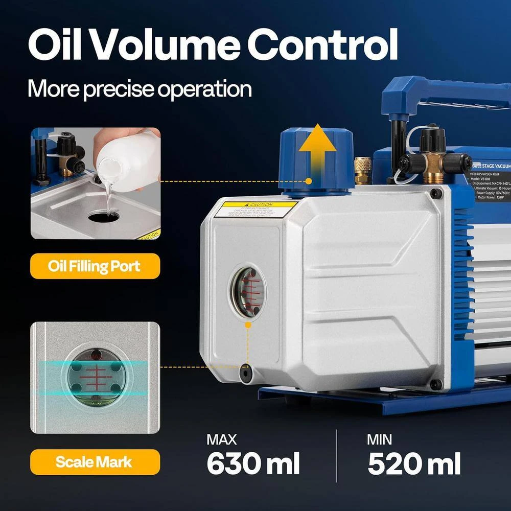 1.5 HP 14.4 CFM 2 Stage HVAC Vacuum Pump And 4 Way AC Manifold Gauge Set Kit With Leak Detector 2 1.5 HP 14.4 CFM 2 Stage HVAC Vacuum Pump And 4 Way AC Manifold Gauge Set Kit With Leak Detector - Image 2