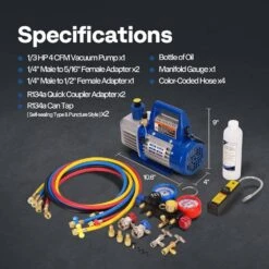 Upgraded 110V 1/3 HP 4CFM Single Stage Rotary Vane Air Vacuum Pump And 4-Way AC Manifold Gauge Set Kit -Fire Place Store vivohome hvac tools vh1690 fa 1000