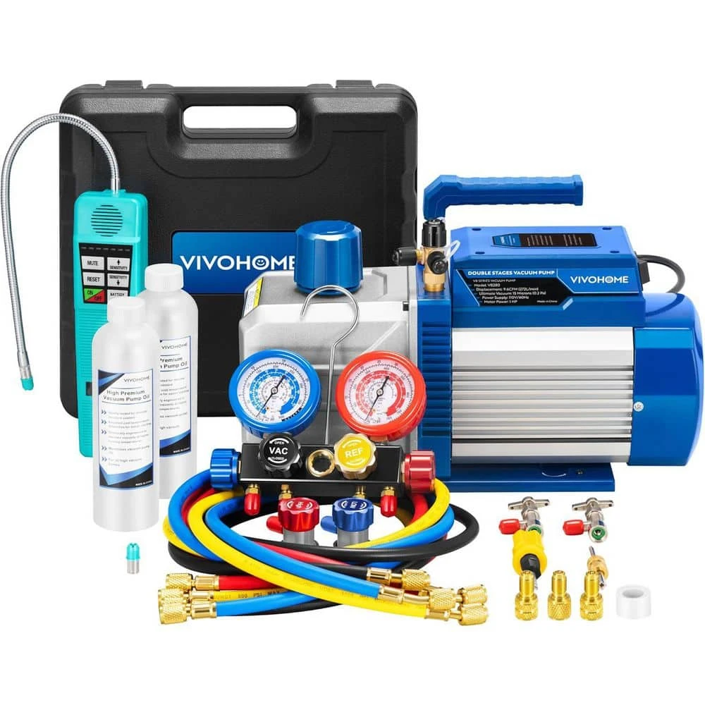 110-Volt 1 HP 9.6 CFM Dual Stage HVAC Vacuum Pump And 4-Way AC Manifold Gauge Set Kit With Leak Detector 1 110-Volt 1 HP 9.6 CFM Dual Stage HVAC Vacuum Pump And 4-Way AC Manifold Gauge Set Kit With Leak Detector