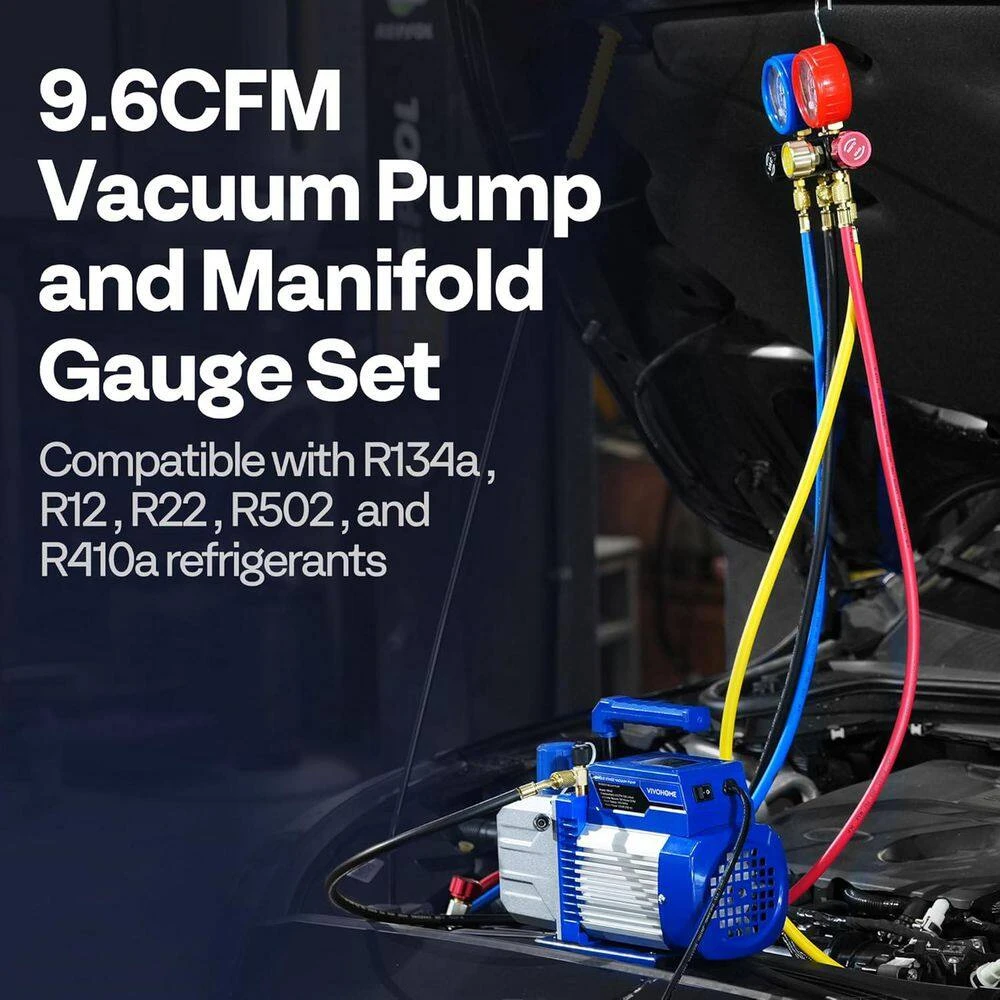 110-Volt 1 HP 9.6 CFM Dual Stage HVAC Vacuum Pump And 4-Way AC Manifold Gauge Set Kit With Leak Detector 2 110-Volt 1 HP 9.6 CFM Dual Stage HVAC Vacuum Pump And 4-Way AC Manifold Gauge Set Kit With Leak Detector - Image 2