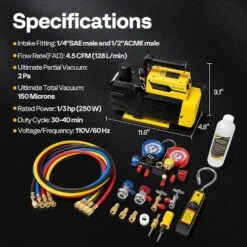 110-Volt 1/3 HP 4.5 CFM 1-Stage HVAC Vacuum Pump And 4-Way AC Manifold Gauge Set Kit With Leak Detector -Fire Place Store vivohome hvac tools vh1692 76 1000