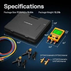 Refrigeration Digital HVAC Manifold Gauge Set With 2-Wired Temperature Clamp Probes And 3-Hoses Pressure And Temp Test -Fire Place Store vivohome hvac tools vh1747 fa 1000