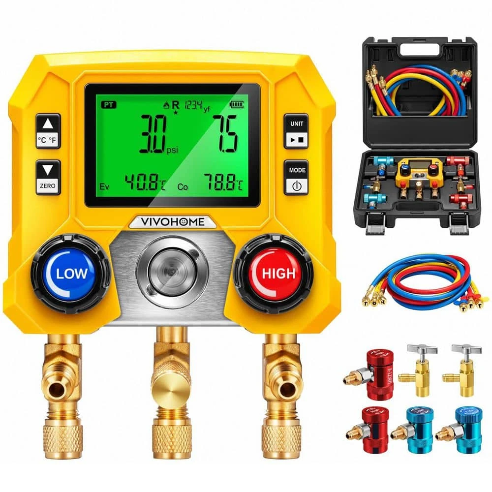 Digital HVAC Manifold Gauge Set With R134a R1234YF Quick Couplers And Can Taps 1 Digital HVAC Manifold Gauge Set With R134a R1234YF Quick Couplers And Can Taps