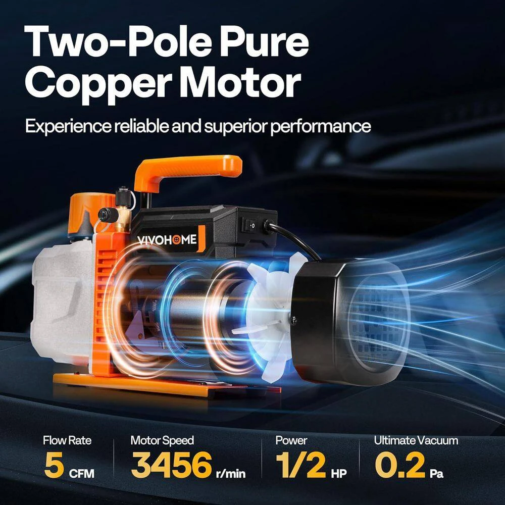 1/2 HP 5CFM 2 Stage HVAC Vacuum Pump And 3 Way Manifold Gauge Kit With 5 Ft. Hoses For R134a R12 R22 R502 R410a 2 1/2 HP 5CFM 2 Stage HVAC Vacuum Pump And 3 Way Manifold Gauge Kit With 5 Ft. Hoses For R134a R12 R22 R502 R410a - Image 2