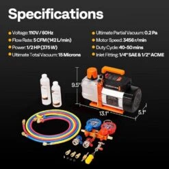 1/2 HP 5CFM 2 Stage HVAC Vacuum Pump And 3 Way Manifold Gauge Kit With 5 Ft. Hoses For R134a R12 R22 R502 R410a 12 1/2 HP 5CFM 2 Stage HVAC Vacuum Pump And 3 Way Manifold Gauge Kit With 5 Ft. Hoses For R134a R12 R22 R502 R410a -Fire Place Store vivohome hvac tools vh1783 fa 1000