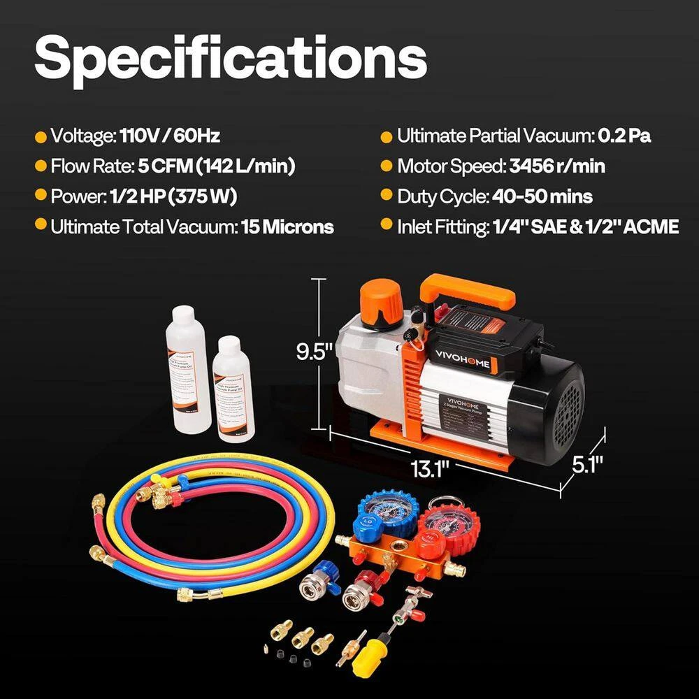 1/2 HP 5CFM 2 Stage HVAC Vacuum Pump And 3 Way Manifold Gauge Kit With 5 Ft. Hoses For R134a R12 R22 R502 R410a 6 1/2 HP 5CFM 2 Stage HVAC Vacuum Pump And 3 Way Manifold Gauge Kit With 5 Ft. Hoses For R134a R12 R22 R502 R410a - Image 6