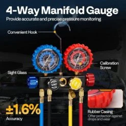 3/4 HP 7. 2CFM 2 Stage HVAC Vacuum Pump And 4 Way Manifold Gauge Kit With 5 Ft. Hoses For R134a R12 R22 R502 R410a -Fire Place Store vivohome hvac tools vh1784 44 1000