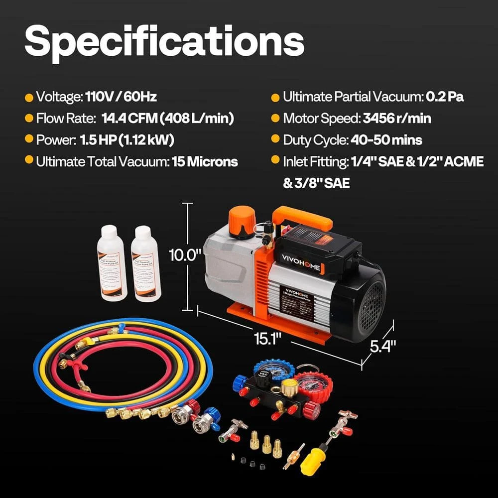 1.5 HP 14. 4CFM 2 Stage HVAC Vacuum Pump And 4 Way Manifold Gauge Kit With 5 Ft. Hoses For R134a R12 R22 R502 R410a 7 1.5 HP 14. 4CFM 2 Stage HVAC Vacuum Pump And 4 Way Manifold Gauge Kit With 5 Ft. Hoses For R134a R12 R22 R502 R410a - Image 7