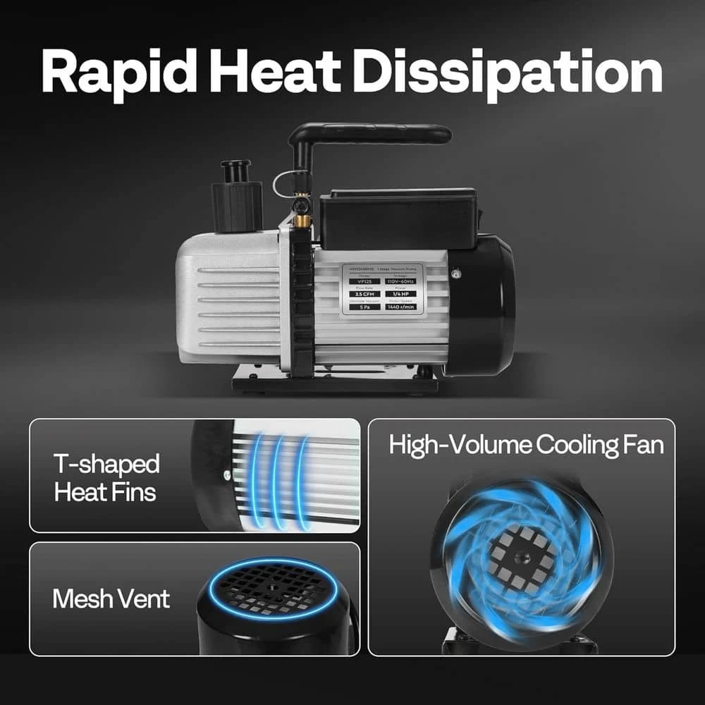 110-Volt 1/4 HP 3.5 CFM Single Stage Rotary Vane Black Air Vacuum Pump Kit With AC Manifold Gauge 5 110-Volt 1/4 HP 3.5 CFM Single Stage Rotary Vane Black Air Vacuum Pump Kit With AC Manifold Gauge - Image 5