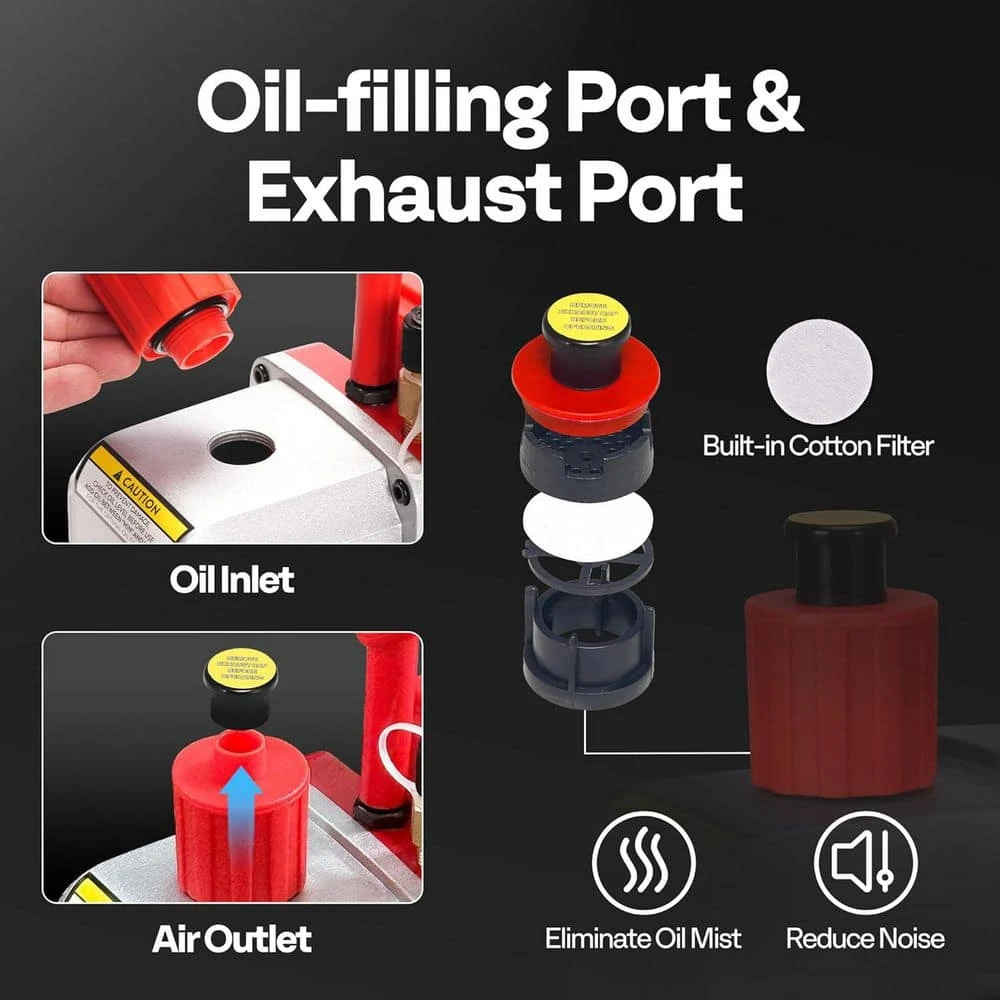 110-Volt 1/4 HP 3.5 CFM Single Stage Rotary Vane Red Air Vacuum Pump Kit With AC Manifold Gauge 4 110-Volt 1/4 HP 3.5 CFM Single Stage Rotary Vane Red Air Vacuum Pump Kit With AC Manifold Gauge - Image 4