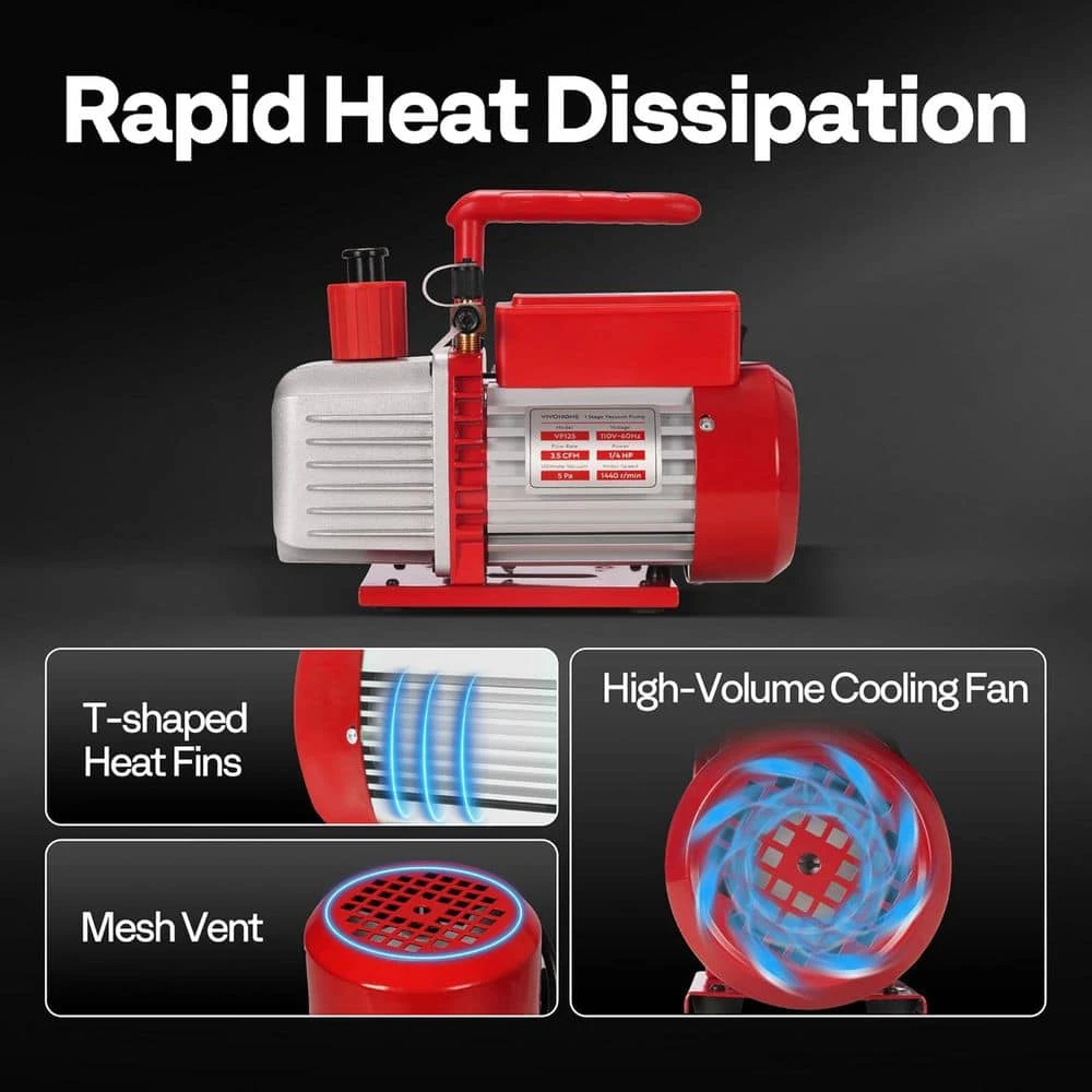 110-Volt 1/4 HP 3.5 CFM Single Stage Rotary Vane Red Air Vacuum Pump Kit With AC Manifold Gauge 5 110-Volt 1/4 HP 3.5 CFM Single Stage Rotary Vane Red Air Vacuum Pump Kit With AC Manifold Gauge - Image 5