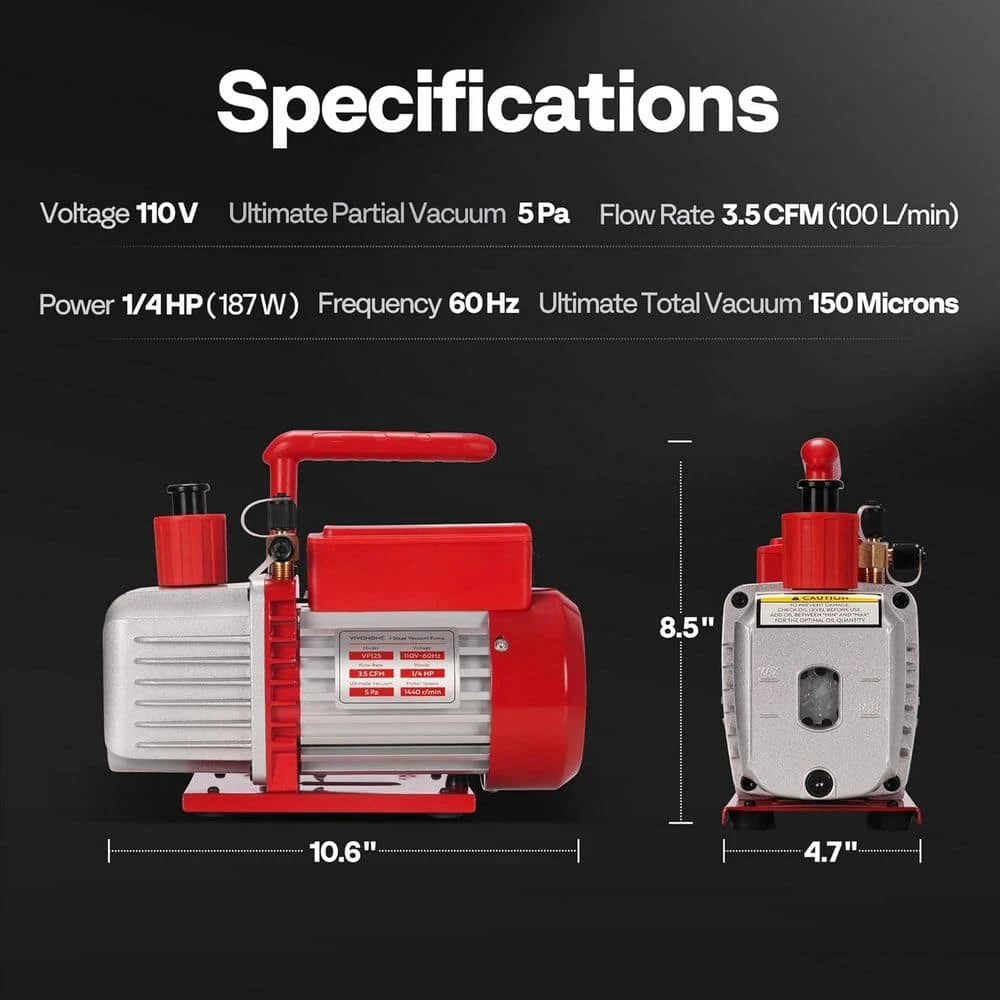 110-Volt 1/4 HP 3.5 CFM Single Stage Rotary Vane Red Air Vacuum Pump Kit With AC Manifold Gauge 7 110-Volt 1/4 HP 3.5 CFM Single Stage Rotary Vane Red Air Vacuum Pump Kit With AC Manifold Gauge - Image 7