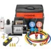 110-Volt 1/3 HP 4CFM Single Stage Rotary Vane Air Vacuum Pump And AC Manifold Gauge Set Kit With Leak Detector In Black
