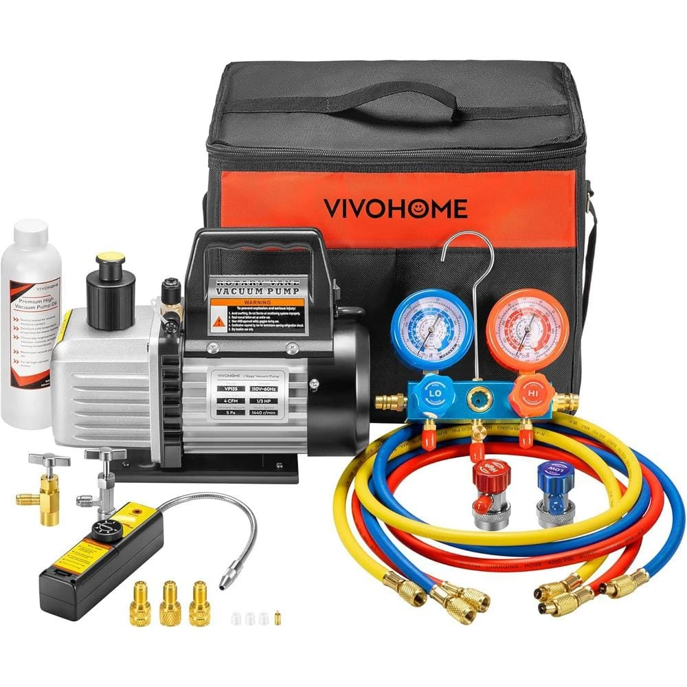 110-Volt 1/3 HP 4CFM Single Stage Rotary Vane Air Vacuum Pump And AC Manifold Gauge Set Kit With Leak Detector In Black 1 110-Volt 1/3 HP 4CFM Single Stage Rotary Vane Air Vacuum Pump And AC Manifold Gauge Set Kit With Leak Detector In Black