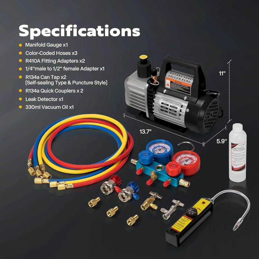 110-Volt 1/3 HP 4CFM Single Stage Rotary Vane Air Vacuum Pump And AC Manifold Gauge Set Kit With Leak Detector In Black 7 110-Volt 1/3 HP 4CFM Single Stage Rotary Vane Air Vacuum Pump And AC Manifold Gauge Set Kit With Leak Detector In Black - Image 7