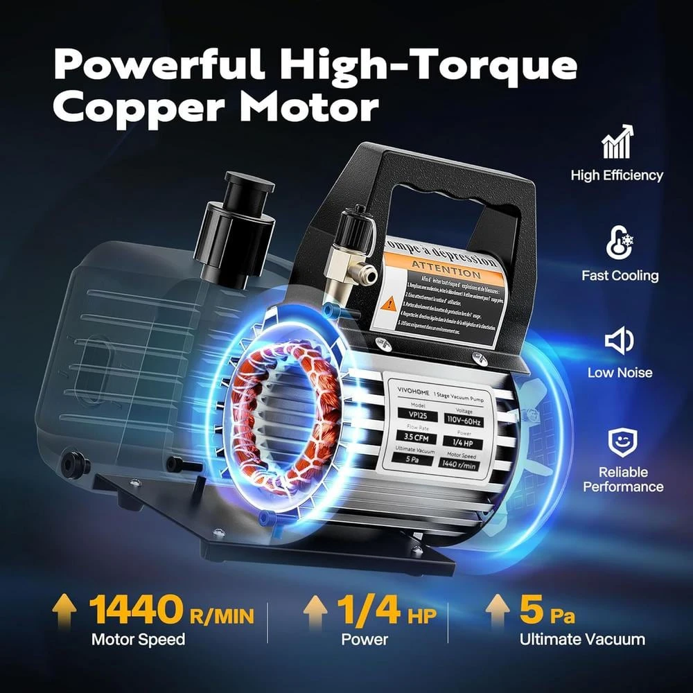 3.5 CFM Single Stage Rotary Vane Air Vacuum Pump And R134A AC Manifold Gauge Set For Refrigeration Recharging, Black 3 3.5 CFM Single Stage Rotary Vane Air Vacuum Pump And R134A AC Manifold Gauge Set For Refrigeration Recharging, Black - Image 3