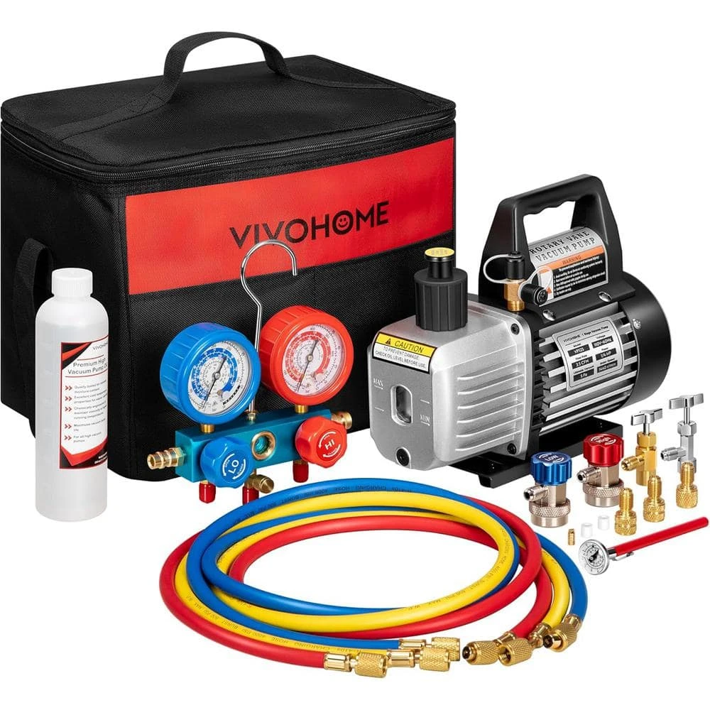 3.5 CFM Single Stage Rotary Vane Air Vacuum Pump And R134A AC Manifold Gauge Set For Refrigeration Recharging, Black 1 3.5 CFM Single Stage Rotary Vane Air Vacuum Pump And R134A AC Manifold Gauge Set For Refrigeration Recharging, Black