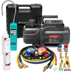 110-Volt 1 HP 9.6CFM Dual Stage HVAC Vacuum Pump And 4 Way AC Manifold Gauge Set Kit With Leak Detector